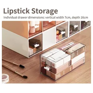 Stackable drawer storage box for 18 lipsticks with matte pink finish and clear design