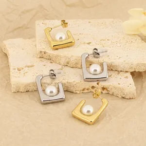 French Vintage Geometric Square Artificial Pearl Stud Earrings Titanium Steel Elegant Niche Design High End Jewelry For Women