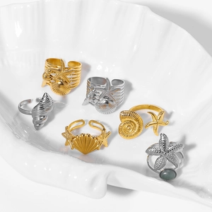 Ocean Theme Stainless Steel Starfish Shell Open Ring For Women 18K Gold Plated Adjustable Rhinestone Conch Sea Snail Fashion Ring Jewelry Accessory