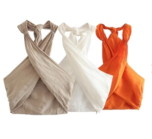 Halterneck-Oberteile in Khaki, Weiß und Orange mit atmungsaktiver Leinentextur