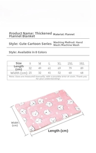 Detailed size chart for thick flannel pet blanket with dimensions from S to 3XL