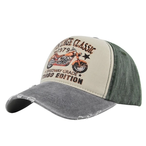 Detail of vintage motorcycle baseball cap showing distressed cotton and embroidery