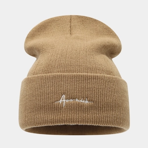 Khaki winter knit beanie hat with white letter embroidery for men and women