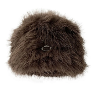 Plush brown faux fur bucket hat with metal buckle detail for winter warmth