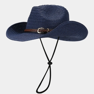 Detail of navy blue straw cowboy hat with brown braided leather band and gold buckle