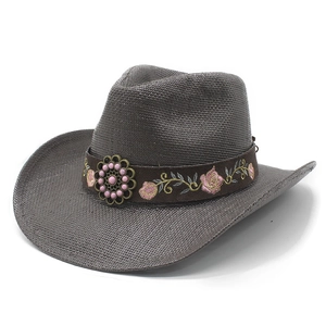Breathable dark brown straw cowboy hat with floral embroidery and vintage metal decor