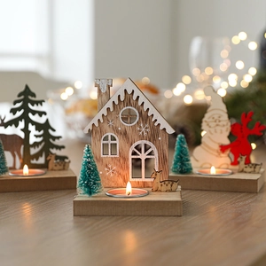 Christmas Wooden Candle Holder Santa Reindeer House Tabletop Decoration Nordic Style Festive Ornament Window Display