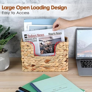 Handwoven seagrass magazine basket with large open U-cut design for wall or desk storage