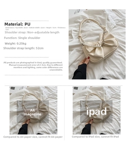 Detailed cream PU leather shoulder bag size guide with bow and pearl chain elements