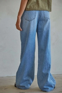 Rear view of light blue wide leg jeans showing washed denim texture and high waist fit