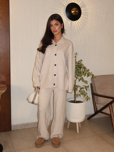 Cardigan In Maglia E Pantaloni A Gamba Larga Da Donna Misto Cotone Poliestere Con Bottoni Casual Maniche Lunghe Vestibilità Morbida