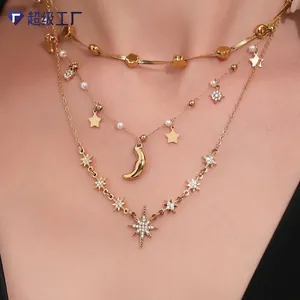 Collana Pendente Stella Luna Acciaio Inossidabile Stella A Otto Punte Zircone Multistrato Gioielli Eleganti Per Donna