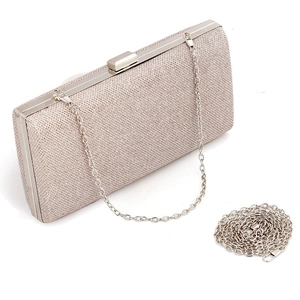 Champagne sequin evening clutch bag with metal frame and detachable silver chain strap