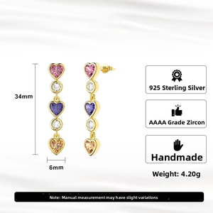 Detail of 925 sterling silver drop earrings with heart zirconia stones and dimensions