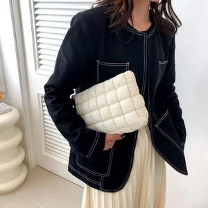 Chic off-white quilted cotton handbag with minimalist check pattern for daily fashion