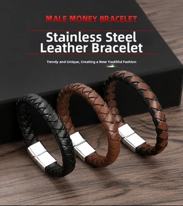 Close-up of three woven leather bracelets with stainless steel magnetic clasps