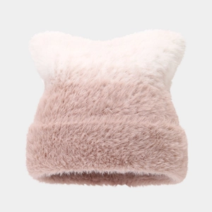 Detailed close-up of soft faux fur texture and pink gradient cat ear knit hat