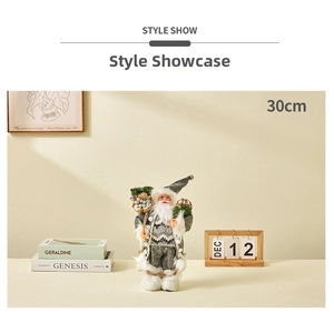Detailed view of a 30cm Nordic Christmas Santa doll in a gray striped knitted coat