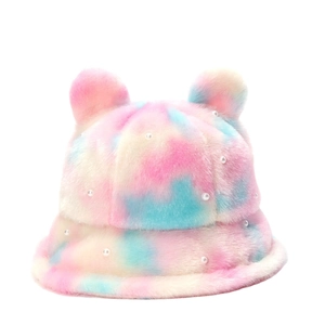 Chapeau bob en peluche tie-dye avec oreilles d'ours et perles pour l'hiver