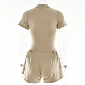 Back view of a khaki slim fit short sleeve bodysuit featuring high neck and seamless waist