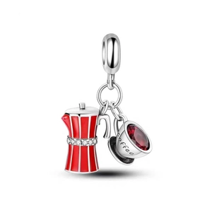 Silberner Kaffeekannen-Anhänger mit roter Emaille und Herz-Edelstein für Armbänder