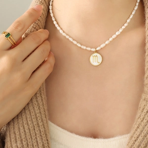Zodiac Constellation Freshwater Pearl Necklace Titanium Steel 18K Gold Plated Shell Round Pendant Jewelry For Women