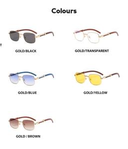 Detailed comparison of square metal sunglasses featuring assorted wood grain patterned temples