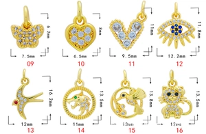 Detailed grid of eight 18K gold plated animal pendants with zircon stones and dimensions