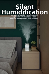 Detail showing quiet USB humidifier with mist output and soft night light on a bedside table