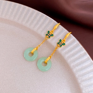 Boucles d'oreilles pendantes style chinois avec papillon, fausse jade et crochets dorés