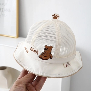 Infant Mesh Sun Hat Breathable Summer Bucket Hat With Cartoon Bear Embroidery And Windproof Strap Cute Outdoor
