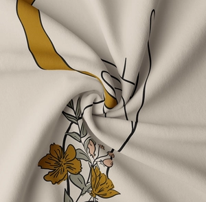 Dettaglio della trama del tessuto e della stampa artistica floreale a linee