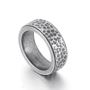 Retro hammered stainless steel ring for men with vintage silver finish on white background