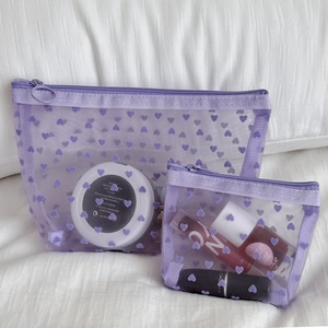 Two-piece purple heart-pattern mesh makeup bags with zippers for storage and travel