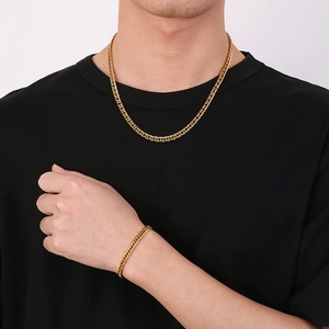 Men's titanium steel curb chain necklace and bracelet set in polished gold finish