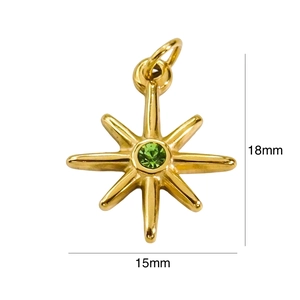 Detail of 18mm gold north star pendant with central green stone and size markers