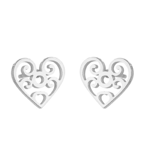Detail of silver heart-shaped hollow earrings with vintage vine texture engraving
