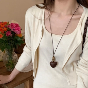 Heart Pendant Necklace Vintage Wooden Bamboo Joint Long Sweater Chain Minimalist Ethnic Style For Women