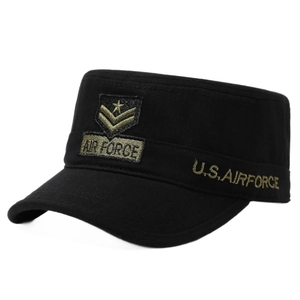 Classic black military cadet cap with air force embroidery on white background