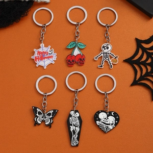 Halloween Gothic Scary Skull Skeleton Keychain Spider Web Heart Cherry Butterfly Coffin Pendant Bag Charm Accessory Party Gift