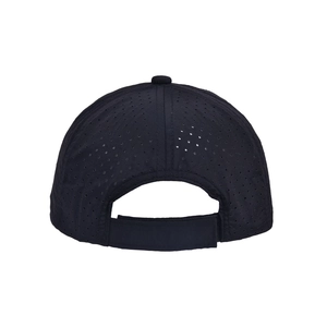 Detail of black breathable baseball cap showing velcro strap and laser-cut holes