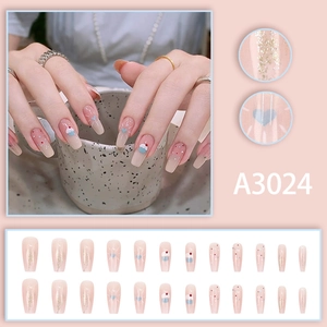 Short coffin press-on nails in sheer pink with glitter and cute cake designs 24pcs