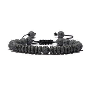 Adjustable lava stone beaded bracelet with dark grey disk accents and woven cord
