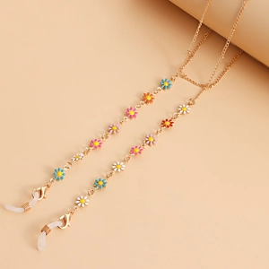 Colorful daisy enamel eyewear chain and face mask strap with gold-plated metal links
