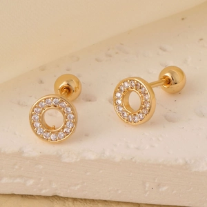 Minimalist gold hoop earrings with zircon pavé inlay and screw back closure on stone