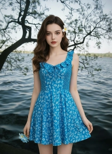 Detail of ruffled neckline and floral print on blue sleeveless sundress for women