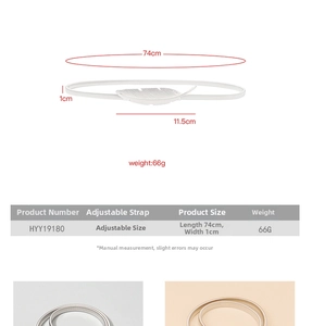 Size chart showing 74cm silver metal leaf belt with adjustable spring chain for women