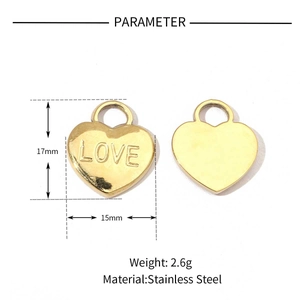 Detailed specs of 17mm x 15mm gold stainless steel heart pendant with LOVE engraving