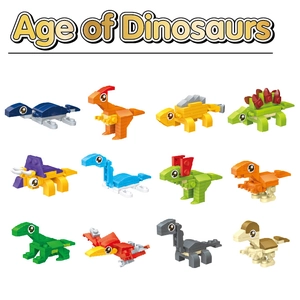 Macro display of twelve colorful dinosaur building block models on a white background