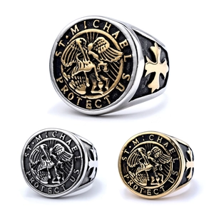 Archangel St Michael Signet Ring Stainless Steel Religious Retro Cross Jewelry For Men